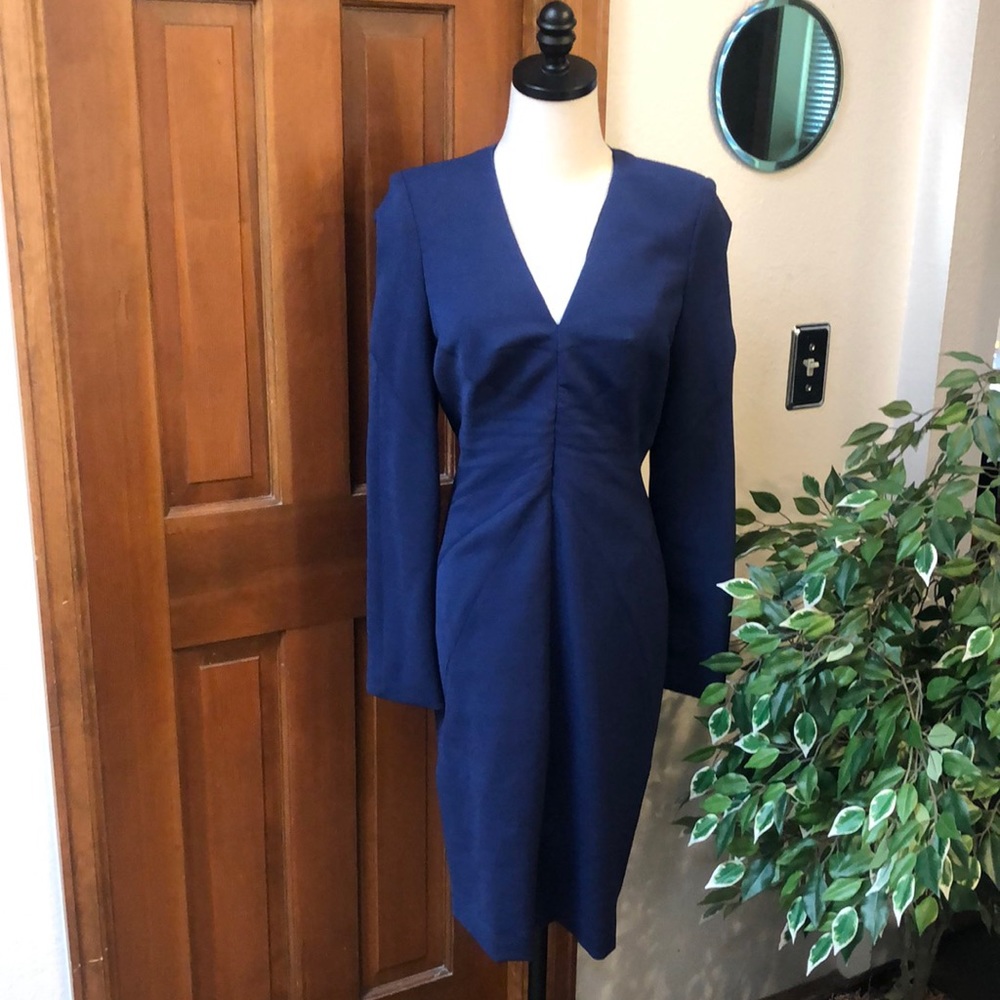 Zac Posen blue fitted v-neck midi dress 8
